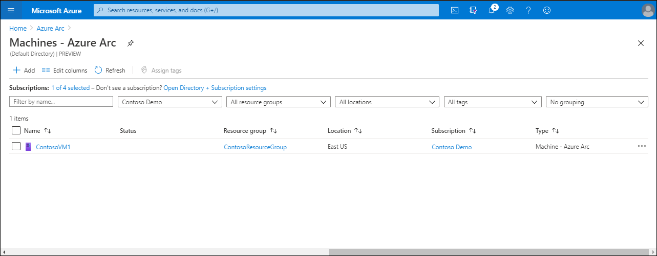 A screenshot of the Machines- Azure Arc page in the Azure portal. A single computer, ContosoVM1, is listed.