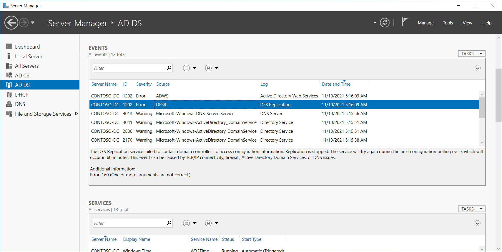 This screenshot displays events relating to AD DS; specifically an error related to DFSR.