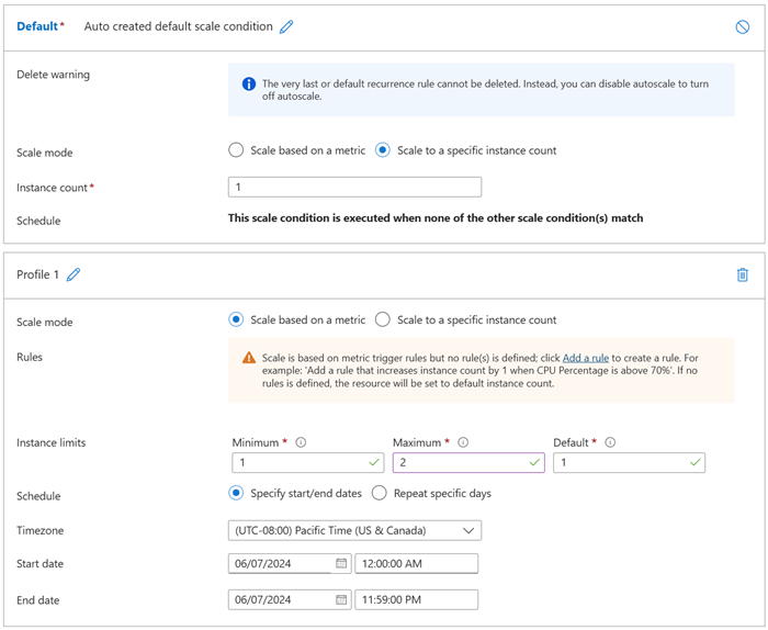 Screenshot of the condition page for an App Service Plan showing the default scale condition.