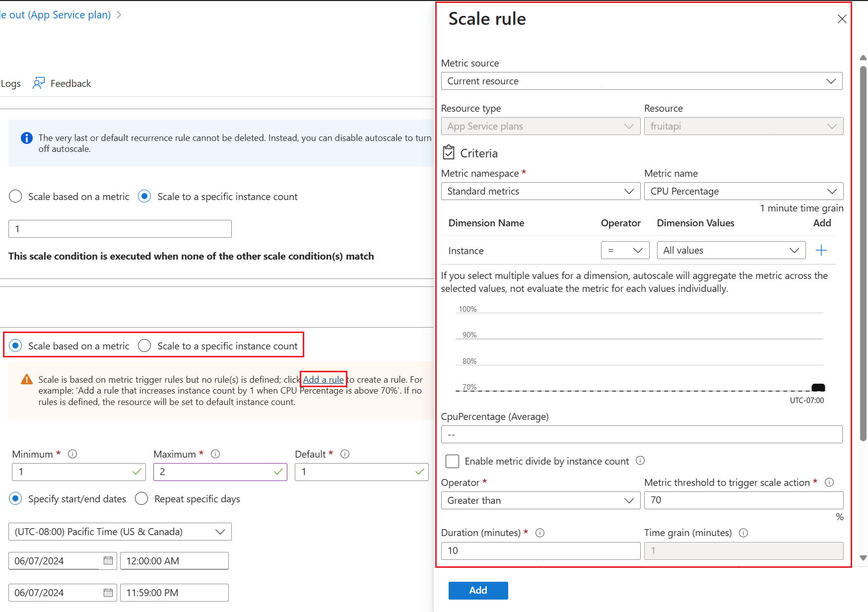 Screenshot of the scale rule settings pane.