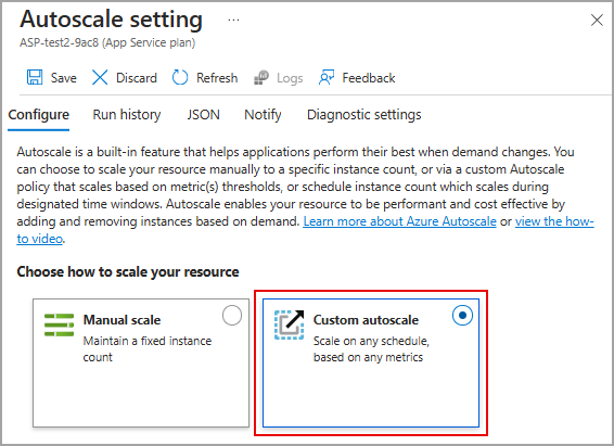 Screenshot showing the Custom autoscale selection.