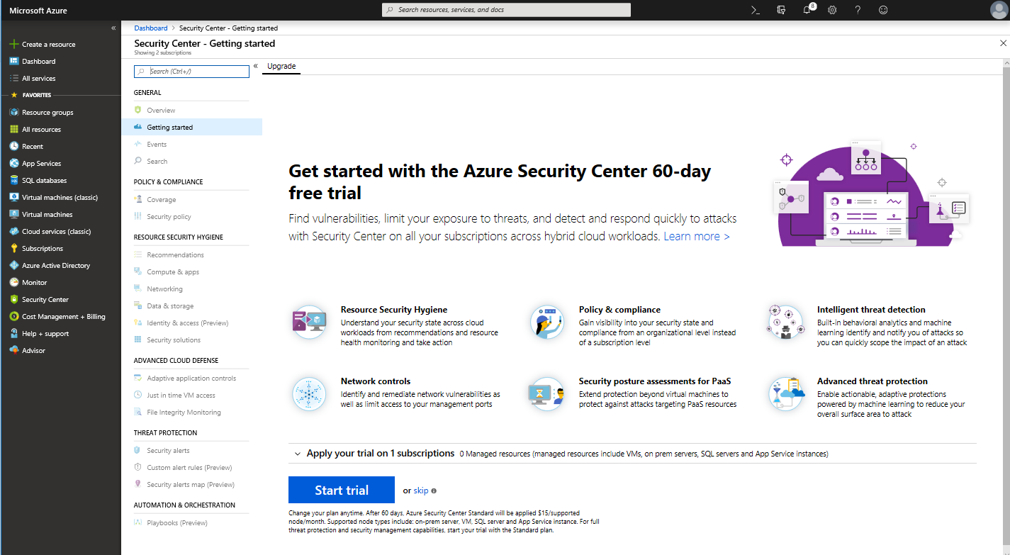 Screenshot of the Microsoft Defender for Cloud - Getting Started dashboard in the Azure portal. Information about a free 60-day trial displays.