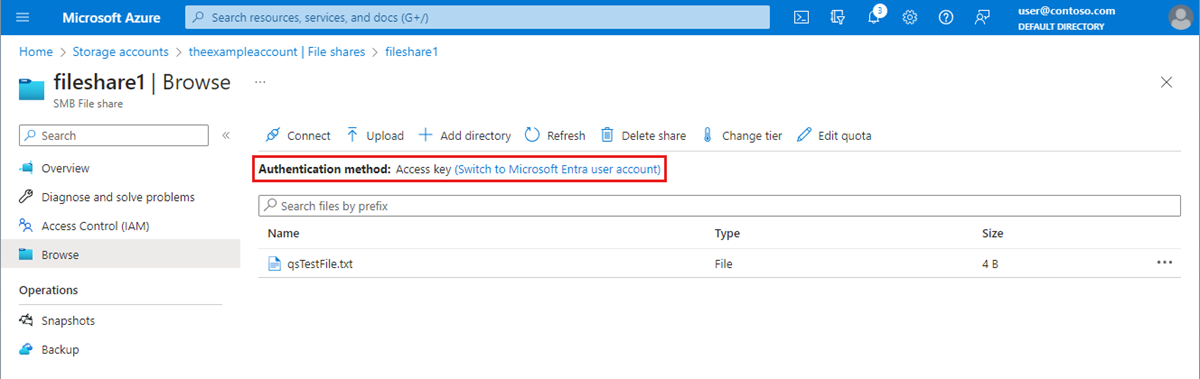Screenshot showing the authentication method access key page.