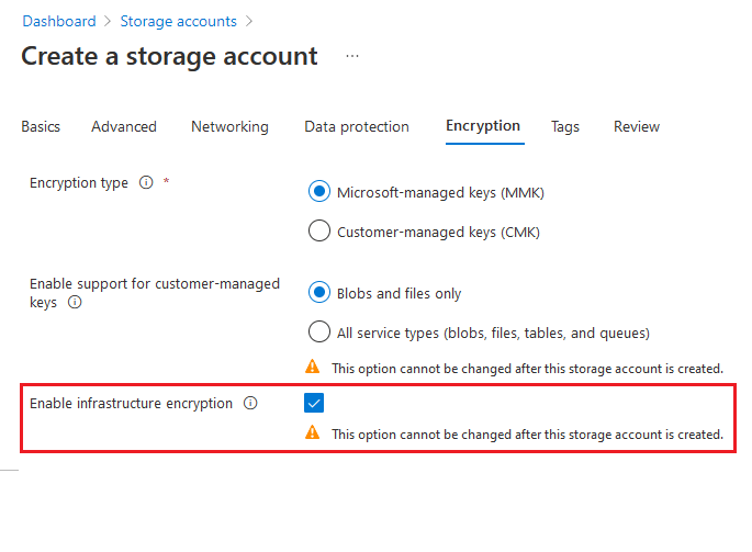 Screenshot showing how to create an account with infrastructure encryption enabled.