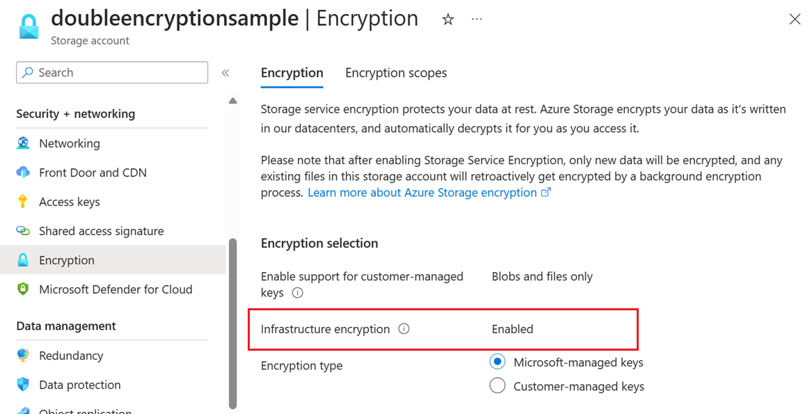 Screenshot showing how to verify that infrastructure encryption is enabled for a storage account.