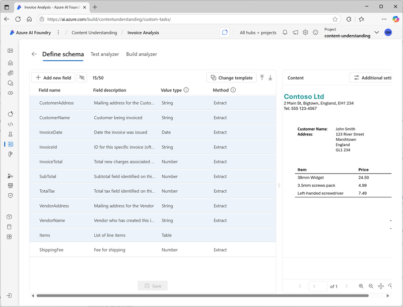 Screenshot of the Define schema user interface in Azure AI Foundry.