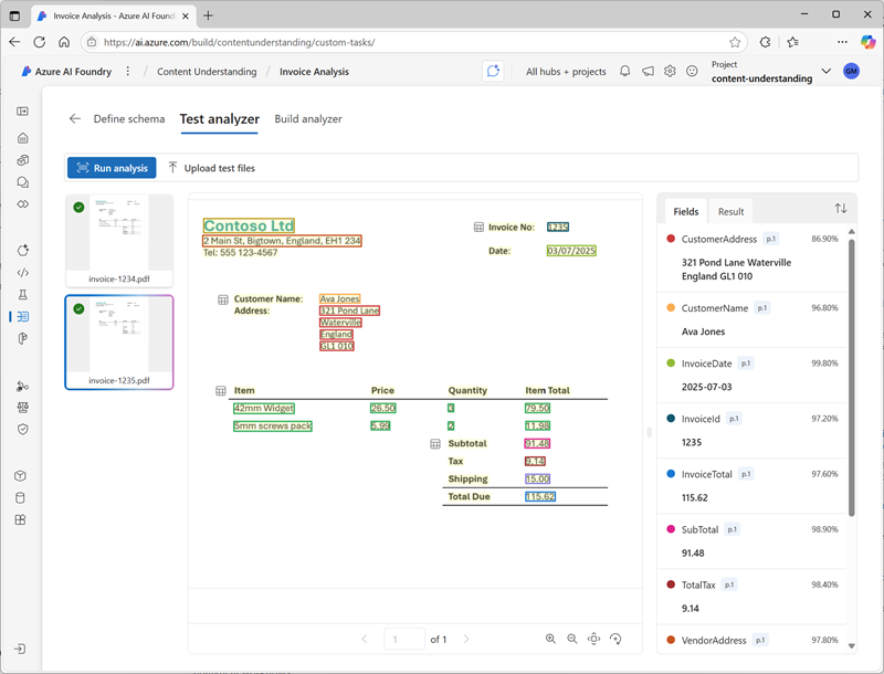 Screenshot of the Test analyzer user interface in Azure AI Foundry.