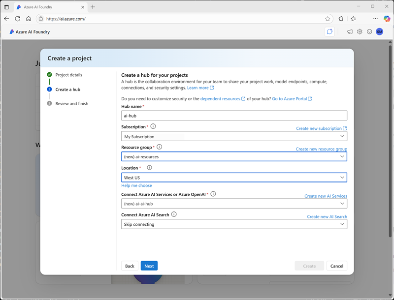 Screenshot of the Create new project user interface in Azure AI Foundry.