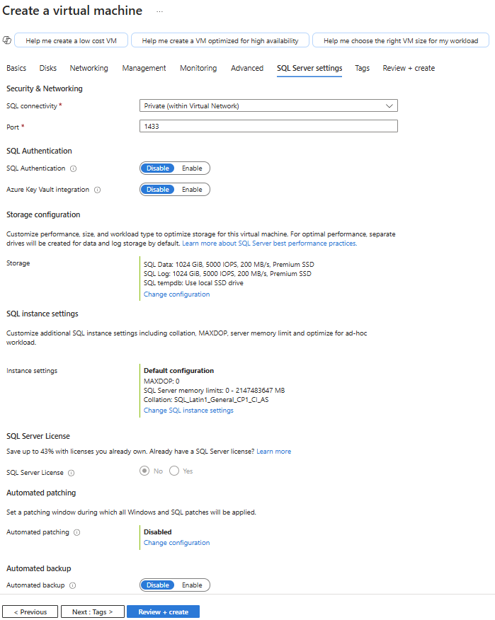 SQL Server settings tab when creating a SQL Server virtual machine