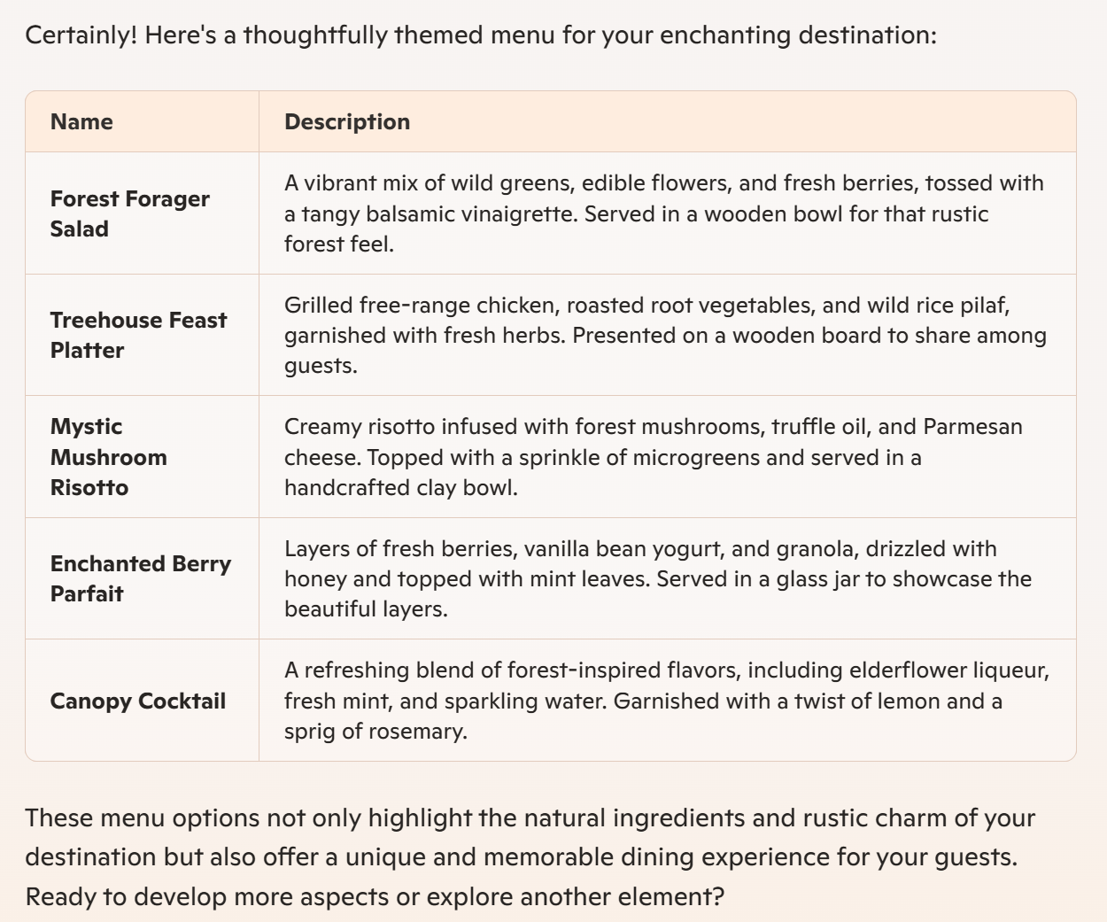 Screenshot of a sample menu suggested by Copilot, formatted as a table.