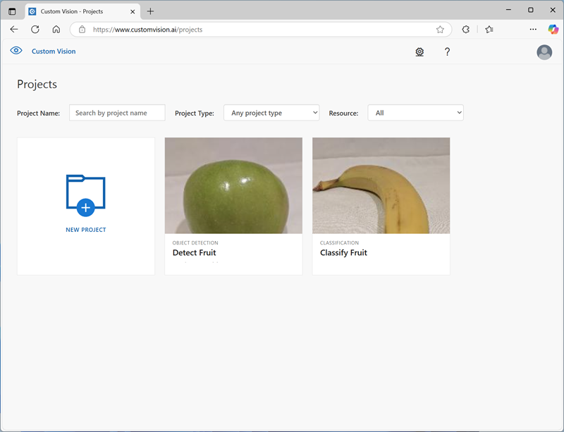 Screenshot of the Azure AI Custom Vision portal.