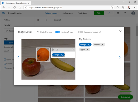 Screenshot of tagged images in the Azure AI Custom Vision portal.