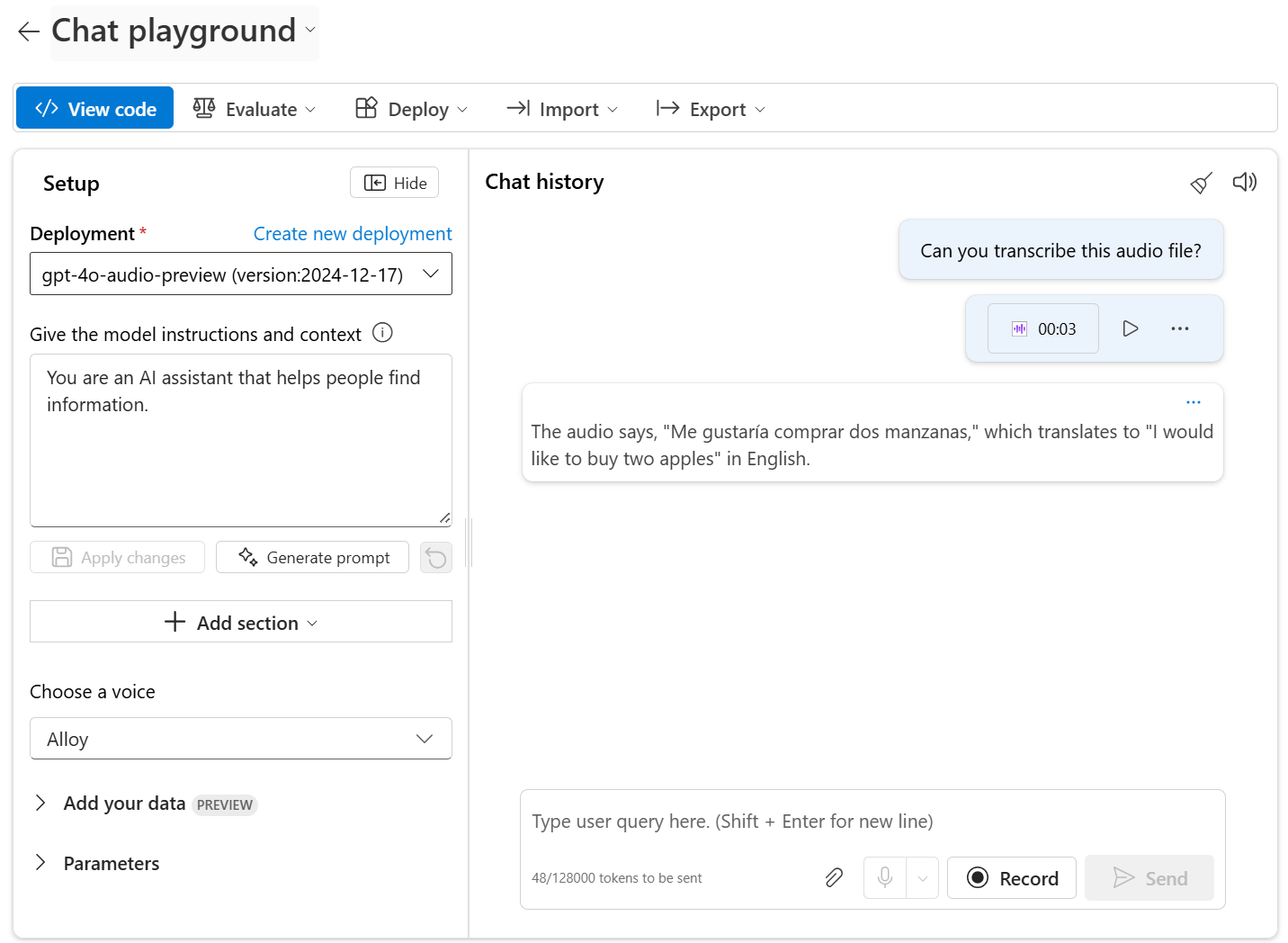 Screenshot of the chat playground with an audio-based prompt.