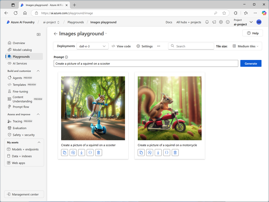 A screenshot of the Images playground in Azure AI Studio.