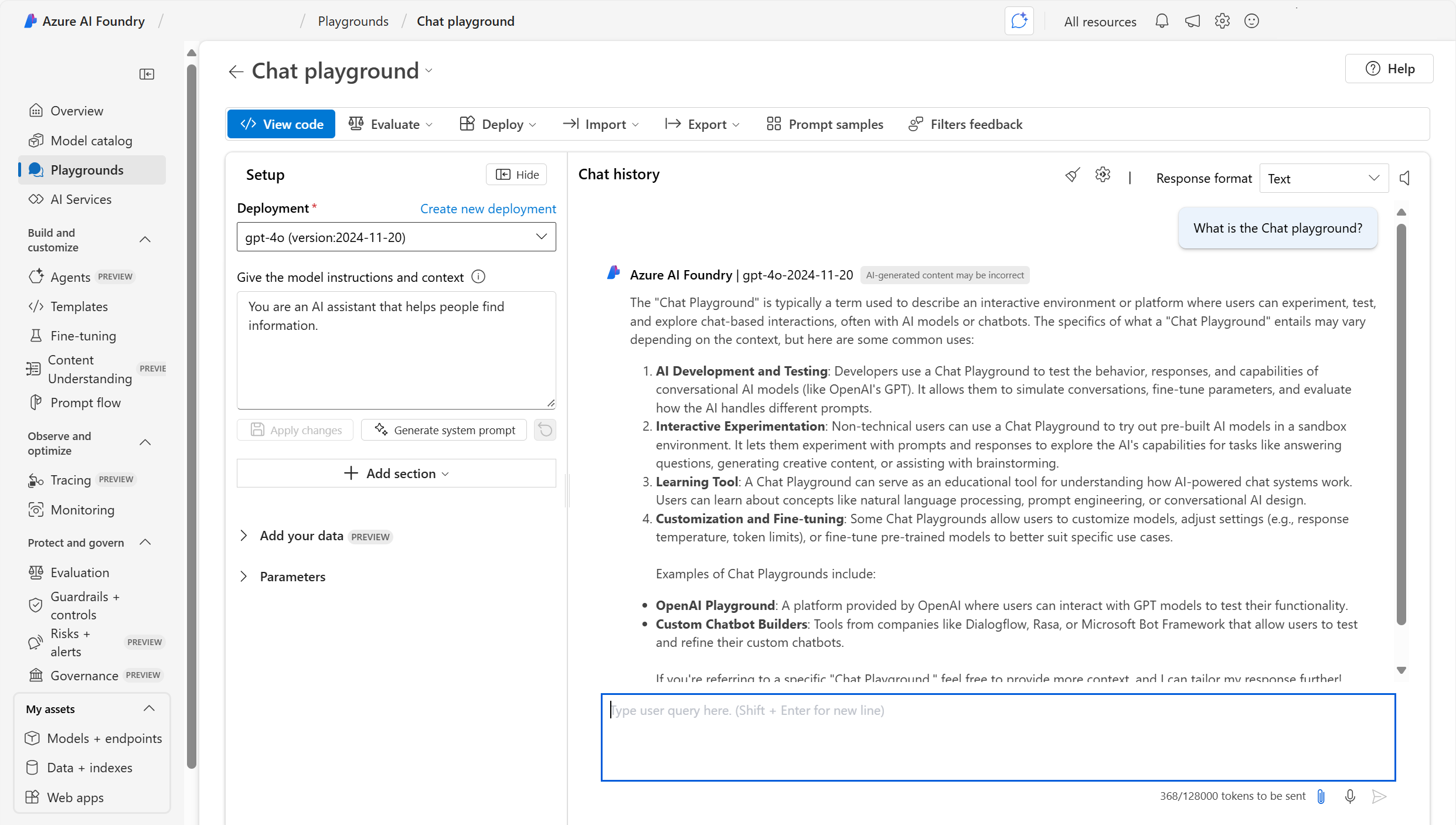 Screenshot of the chat playground on Azure AI Foundry portal.