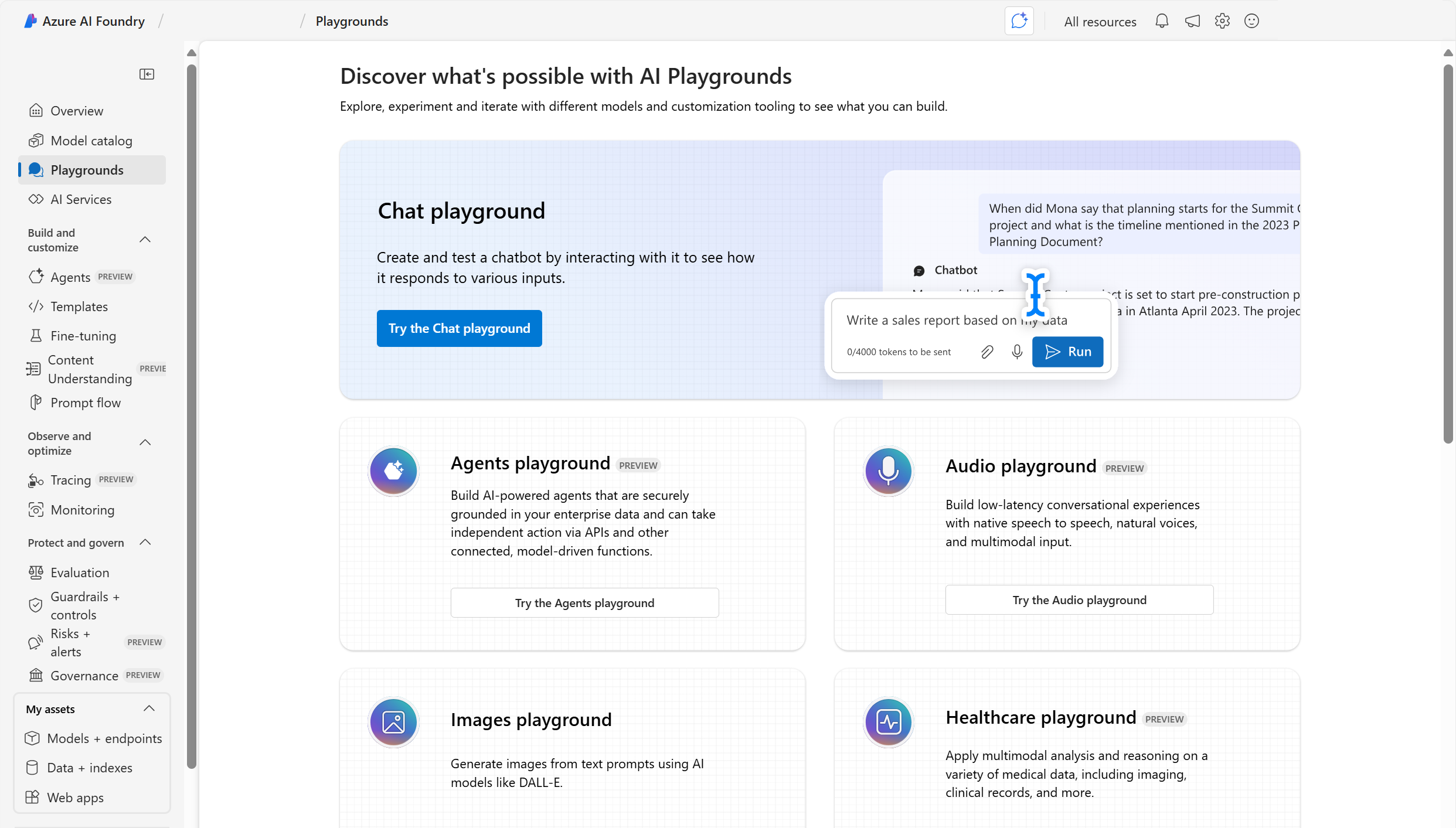 Screenshot of playgrounds on Azure AI Foundry portal