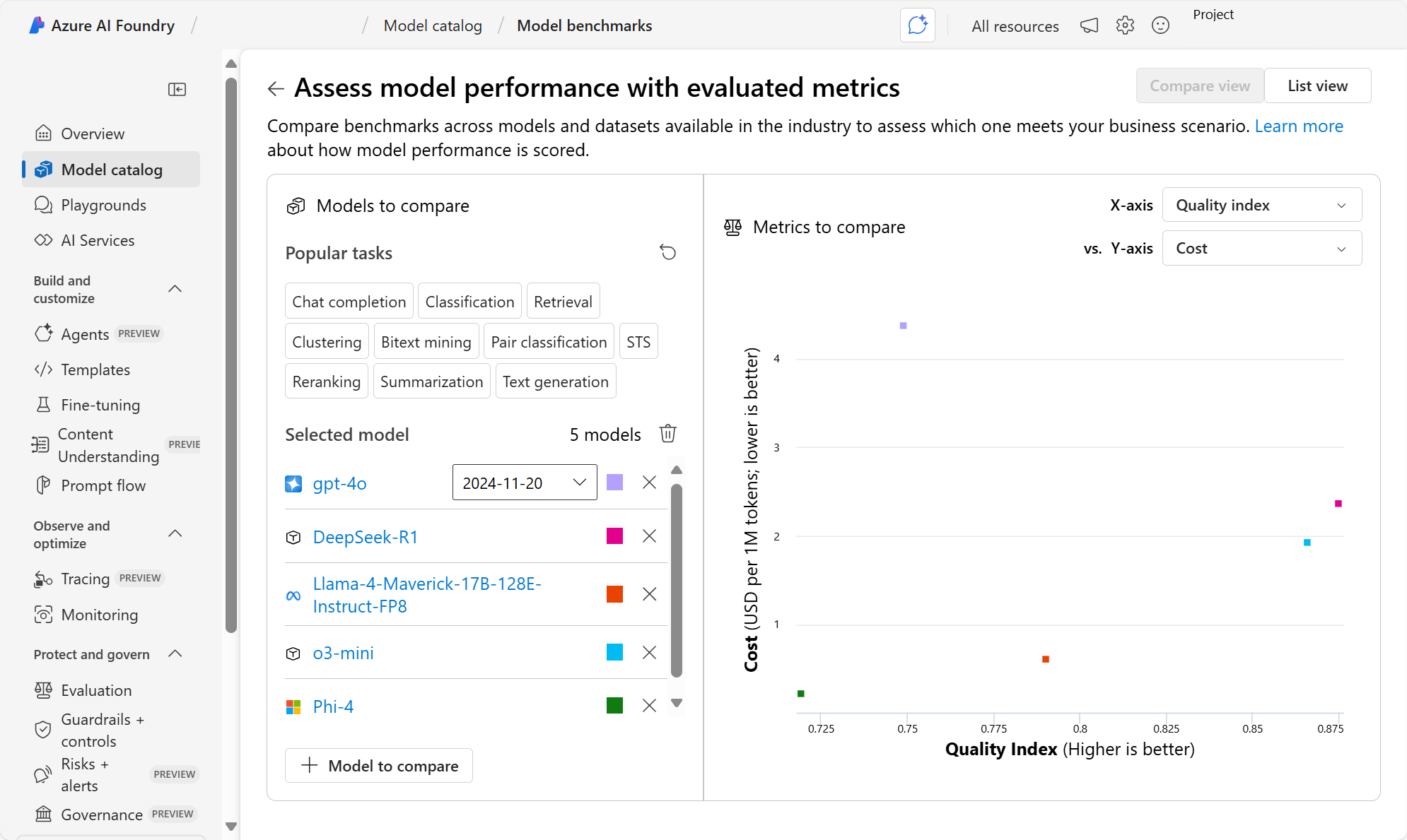Screenshot of comparison of models in Azure AI Foundry portal.