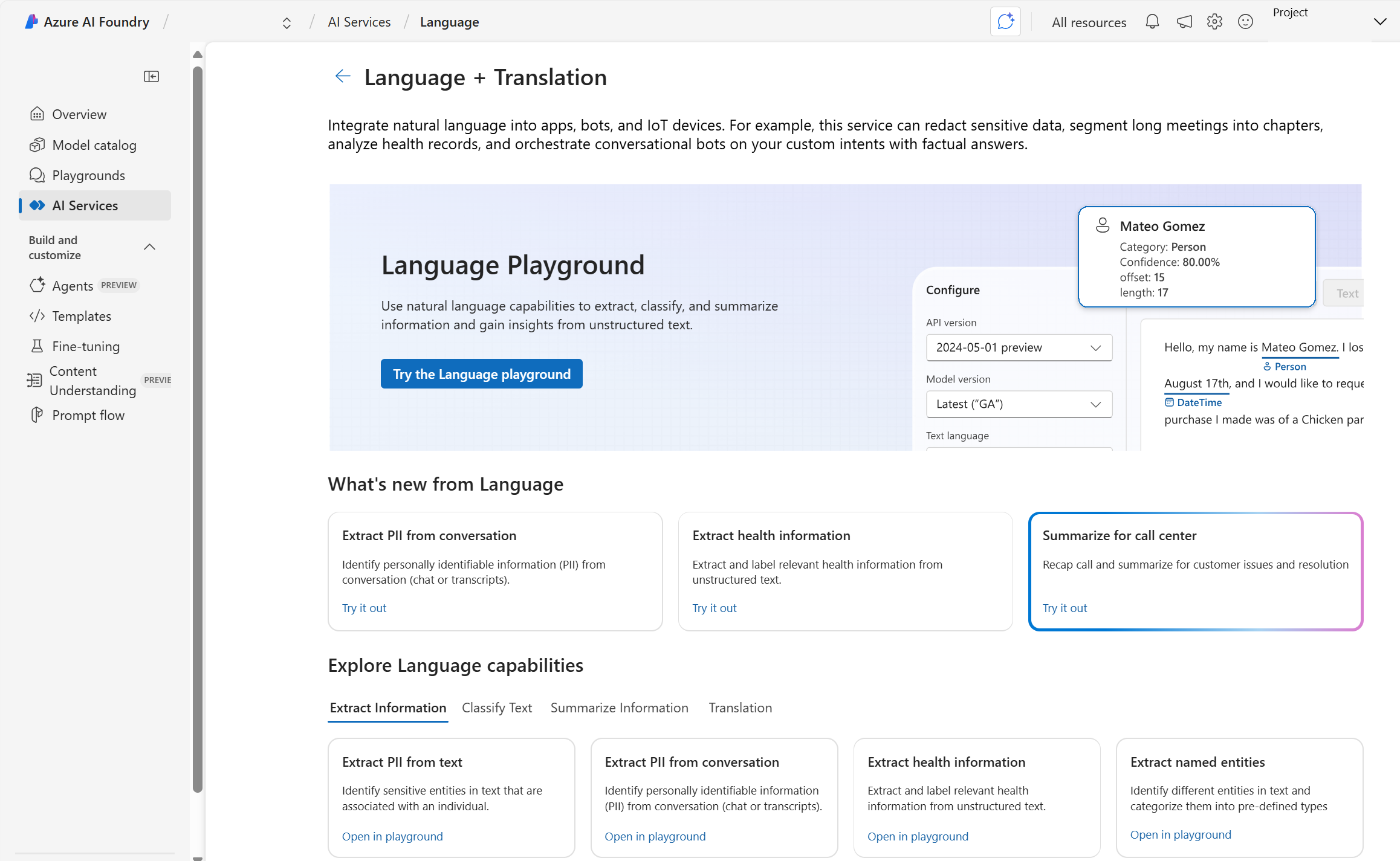 Screenshot of Azure AI Language page in Azure AI Foundry portal.
