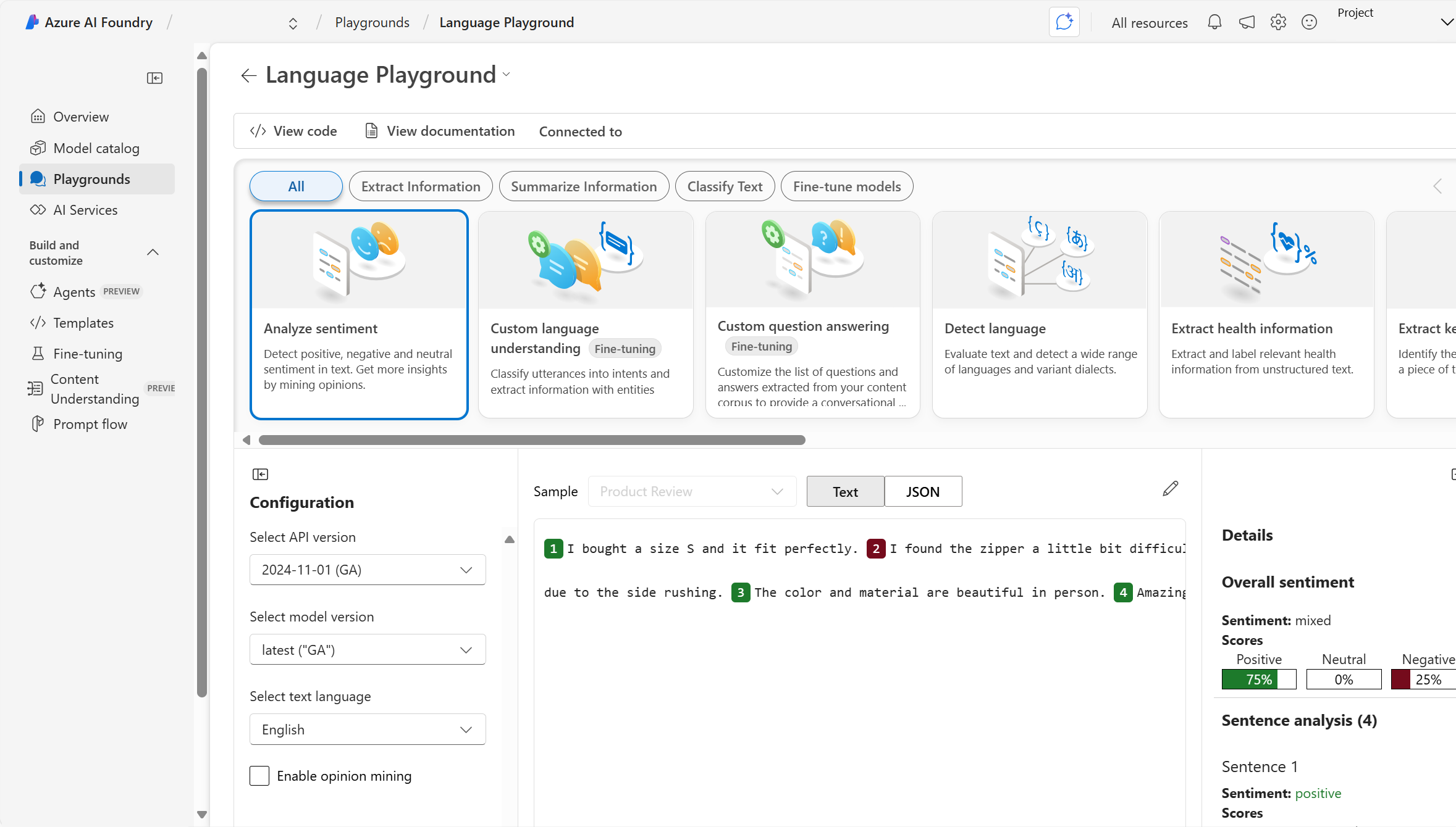 Screenshot of Azure AI Language playground in Azure AI Foundry portal with an example of sentiment analaysis.