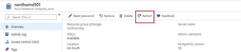 Image of the Overview page for Azure Database for PostgreSQL. The Restart button is highlighted