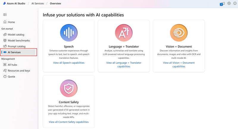 A screenshot of the Microsoft Azure AI Studio home page.