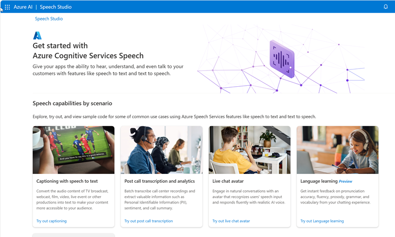 A screenshot of the Microsoft Speech Studio home page.