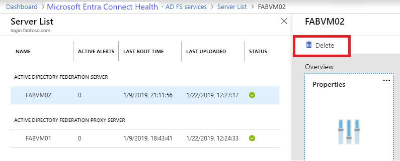 Screenshot of Microsoft Entra Connect Health delete server. Only keep servers that are active.
