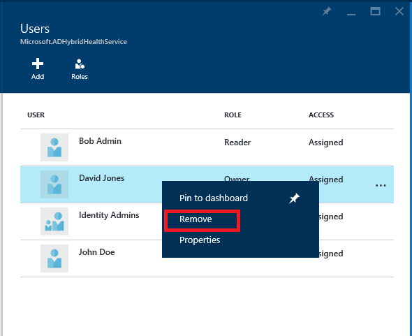 Screenshot of Microsoft Entra Connect Health and Azure RBAC with Remove highlighted.