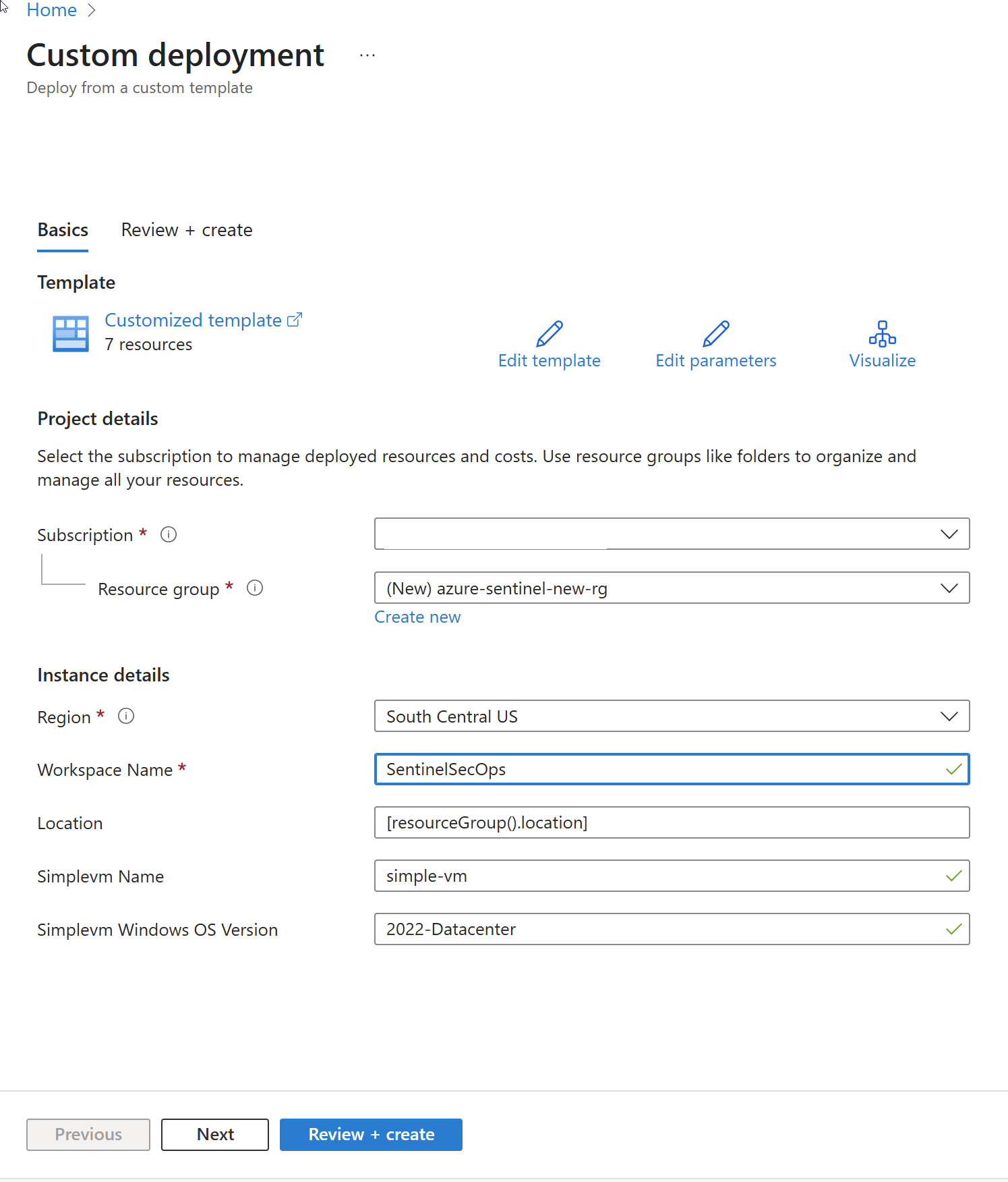 Screenshot of the custom deployment inputs for a Microsoft template.