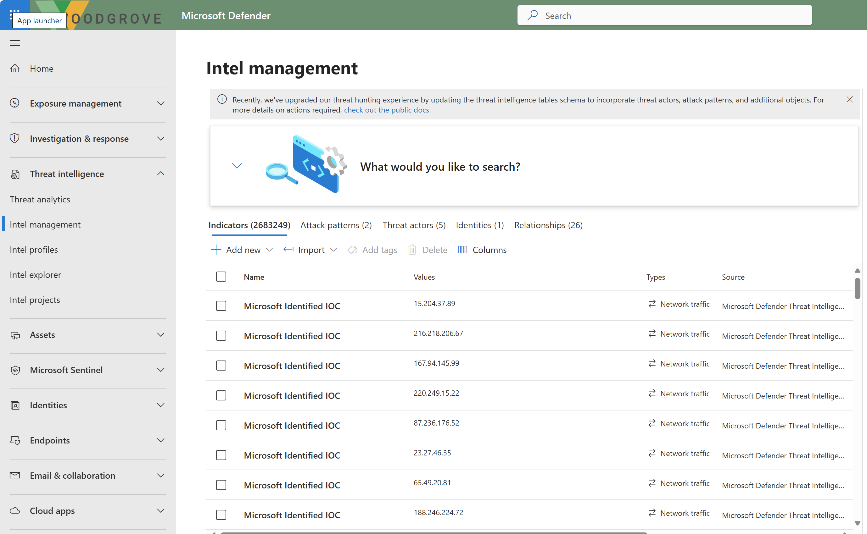 Screenshot of the Defender Intel management page.