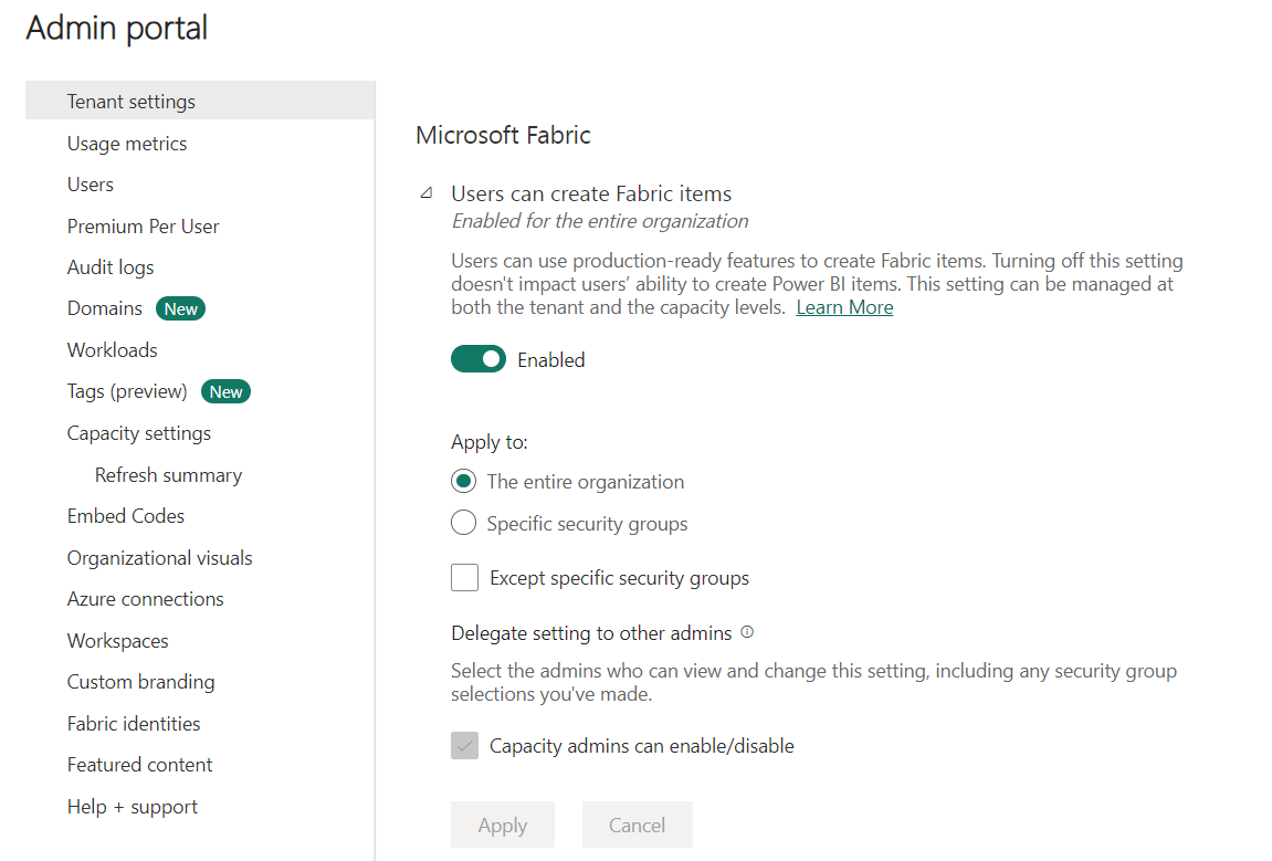 Screenshot of the Fabric admin portal where you can enable Fabric items.