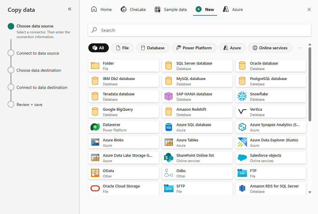 Screenshot of the Copy Data tool in Microsoft Fabric.