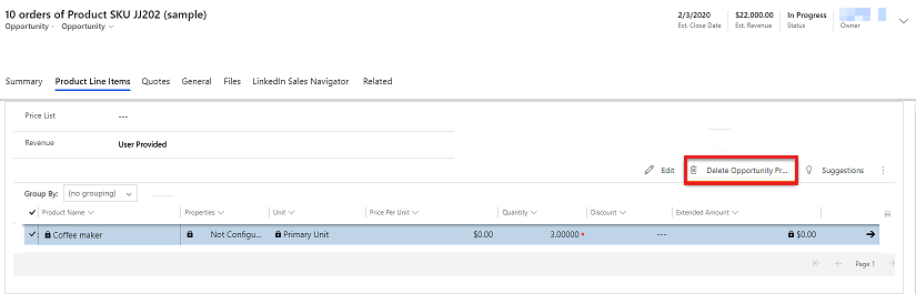 Delete products from the product list in an opportunity form.