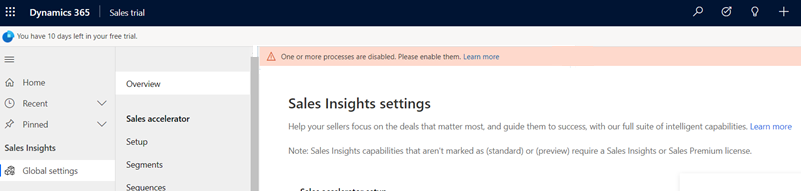 Sales insights processes are disabled warning message.