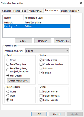 Screenshot of the calendar properties page.