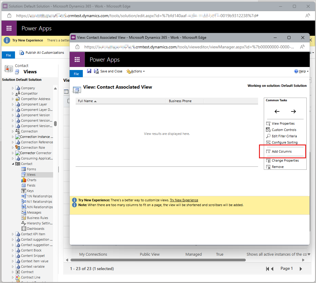 Screenshot of the Add Columns option that you can use to add the primary field for a Lookup View.