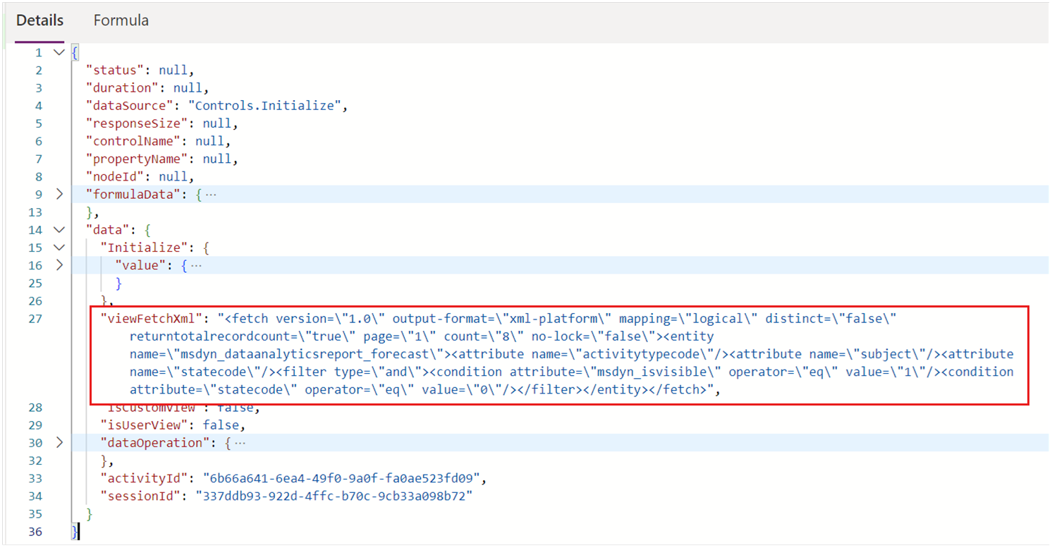Screenshot that shows a fetchXML query.