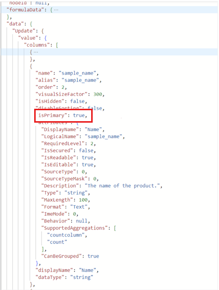 Screenshot that shows the primary column in a fetchXML query.