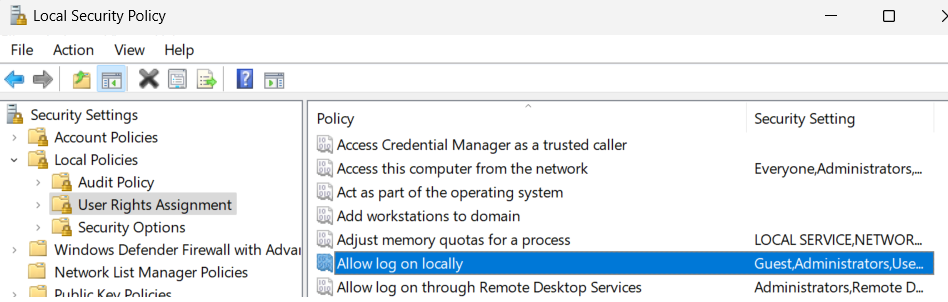 Screenshot of the User Rights Assignment policy settings.