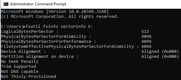 Screenshot of command prompt output of 4-KB sector size.