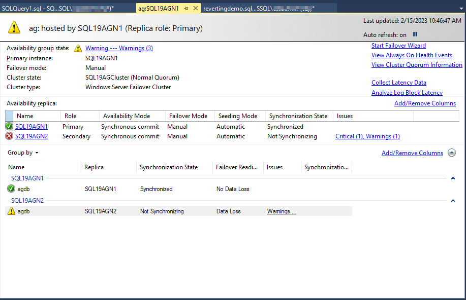 Screenshot showing the Always On dashboard report replicas in the Not Synchronizing state.
