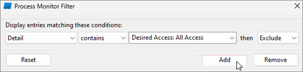Screenshot of the Process Monitor Filter window with the Desired Access All Access filter.