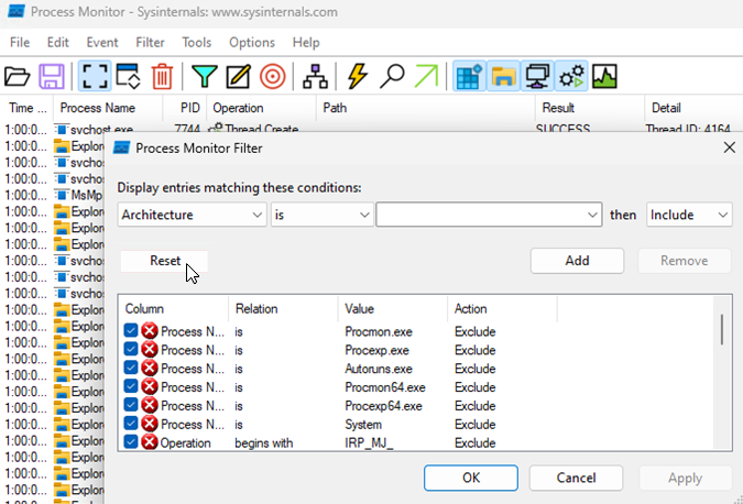 Screenshot of the Process Monitor Filter window with a Reset button.