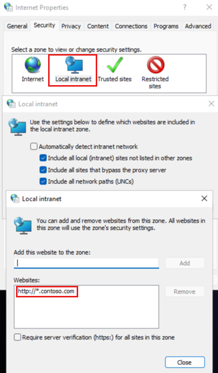Screenshot of Internet Properties showing that all `contoso.com` websites are in the local intranet zone.