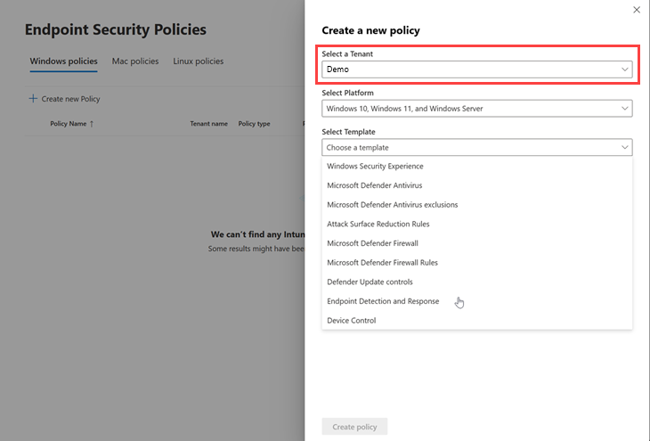 Screenshot of the policy creation page in endpoints security policy page in multitenant management.