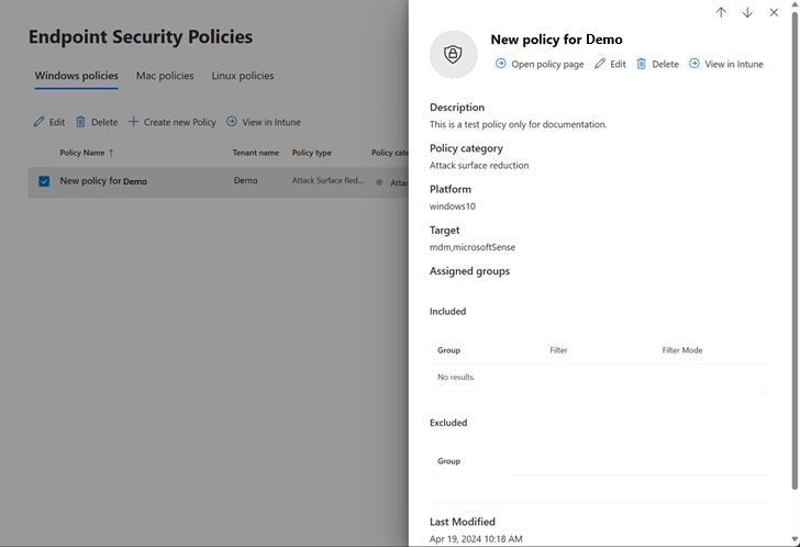 Screenshot of the editing pane for endpoint security policies page in multitenant management in Microsoft Defender XDR.