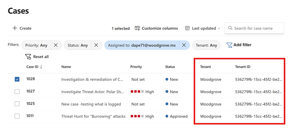 Screenshot of cases queue in Microsoft Defender multitenant portal.