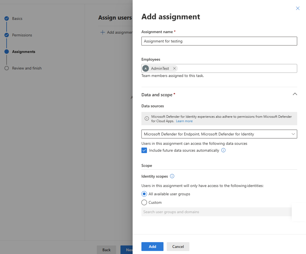 Screenshot of the options in the Add Assignments pane