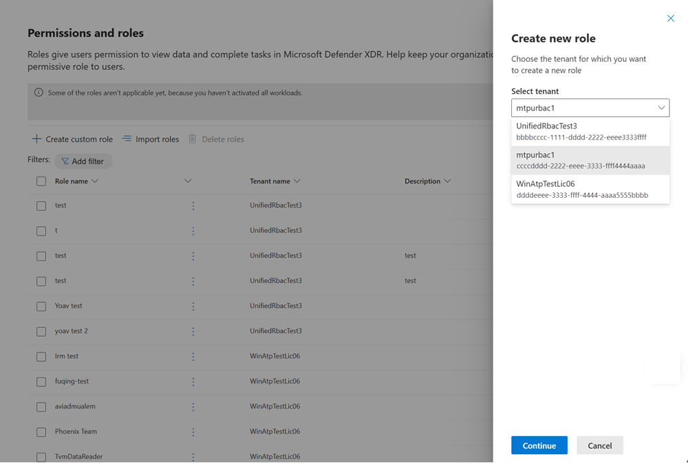Screenshot of the tenant dropdown menu