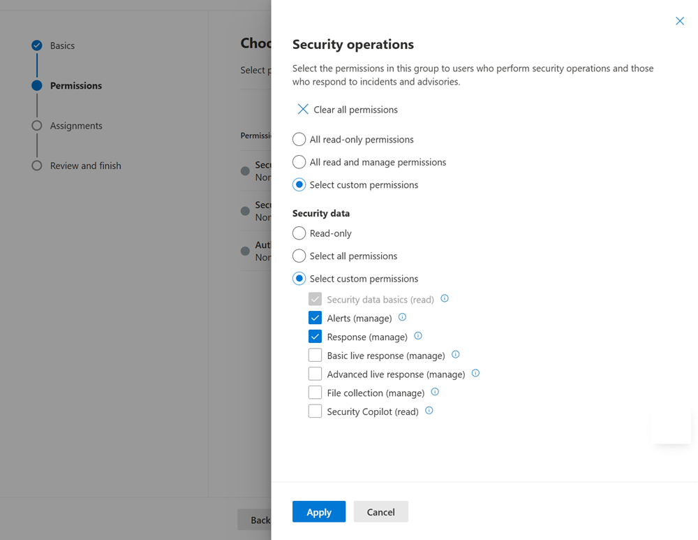 Screenshot of assigning permissions pane